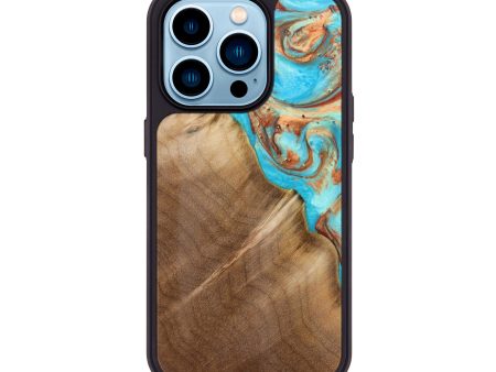 iPhone 14 Pro Wood+Resin Phone Case - Mikala (Teal & Gold, 615499) Hot on Sale