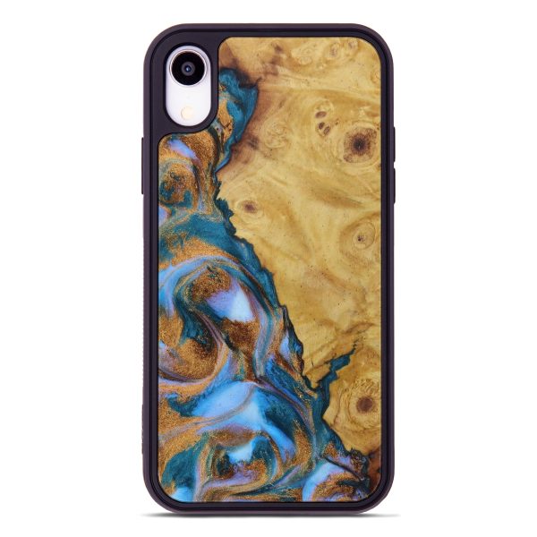 iPhone Xr Wood+Resin Phone Case - Flynn (Teal & Gold, 613217) on Sale